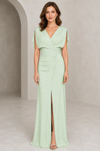 Graceful Sheath V-Neck Flutter-Sleeve V-Back Floor-Length Bridesmaid Dress
