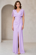 Graceful Sheath V-Neck Flutter-Sleeve V-Back Floor-Length Bridesmaid Dress