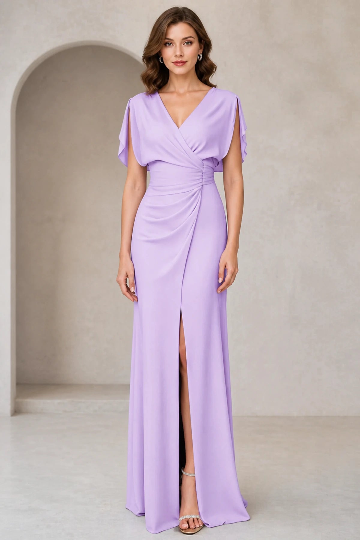 Graceful Sheath V-Neck Flutter-Sleeve V-Back Floor-Length Bridesmaid Dress
