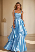 Graceprom light blue square neck A-line prom dress with double straps and cascading layered ruffle skirt