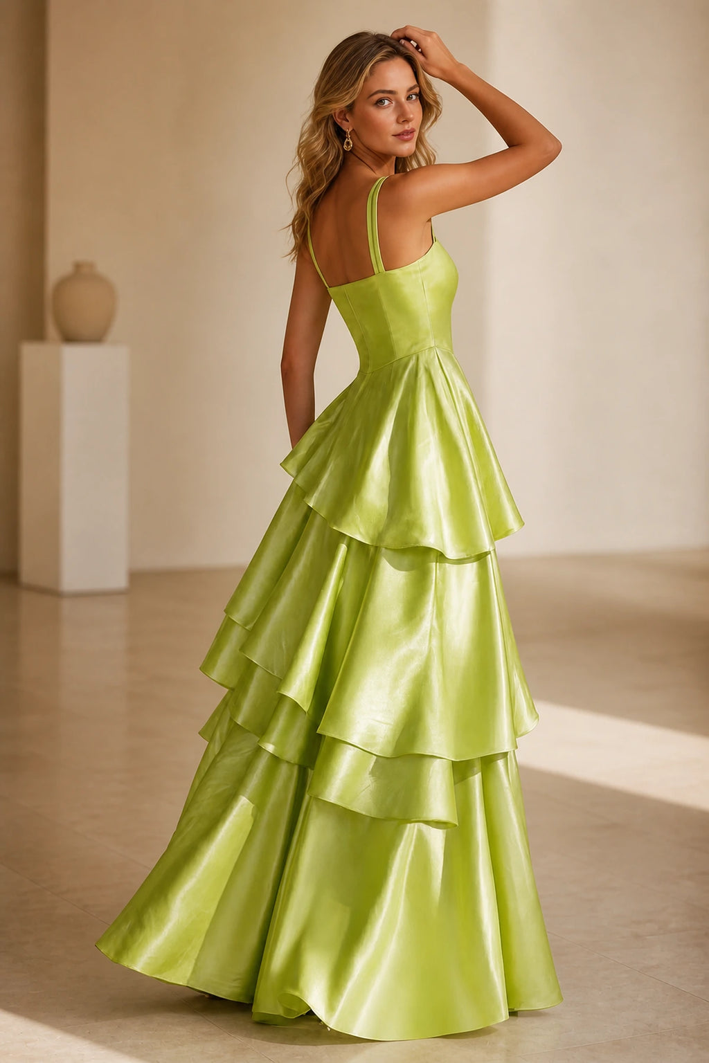 Radiant A-Line Square Neck Sleeveless Zip-Back Floor-Length Ruffle Prom Dress