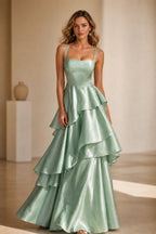 Radiant A-Line Square Neck Sleeveless Zip-Back Floor-Length Ruffle Prom Dress