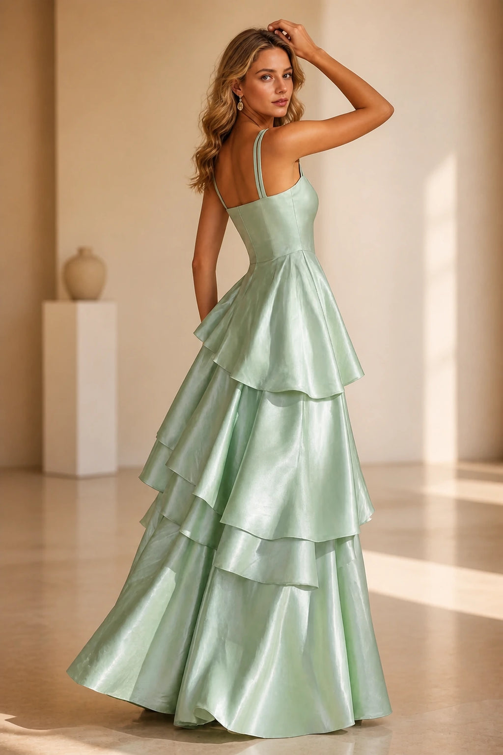 Radiant A-Line Square Neck Sleeveless Zip-Back Floor-Length Ruffle Prom Dress