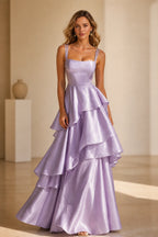 Radiant A-Line Square Neck Sleeveless Zip-Back Floor-Length Ruffle Prom Dress