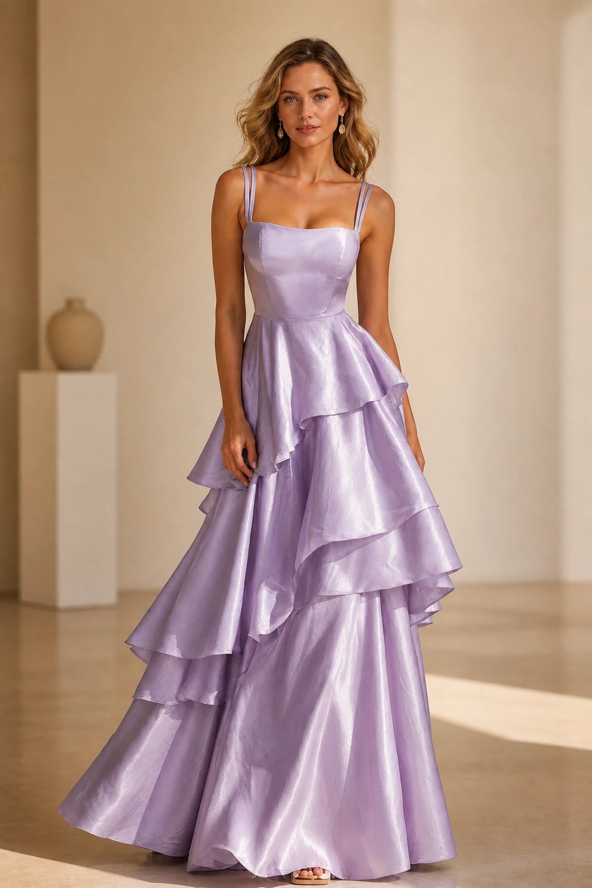 Radiant A-Line Square Neck Sleeveless Zip-Back Floor-Length Ruffle Prom Dress