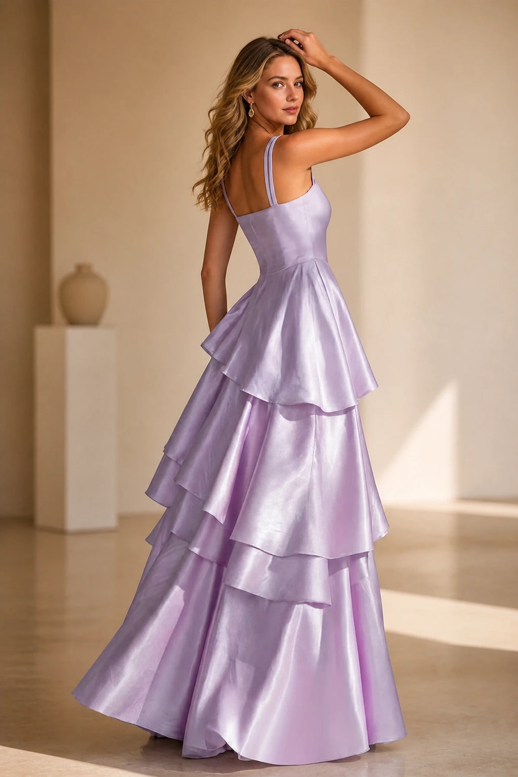Radiant A-Line Square Neck Sleeveless Zip-Back Floor-Length Ruffle Prom Dress