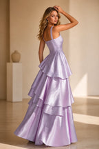 Radiant A-Line Square Neck Sleeveless Zip-Back Floor-Length Ruffle Prom Dress