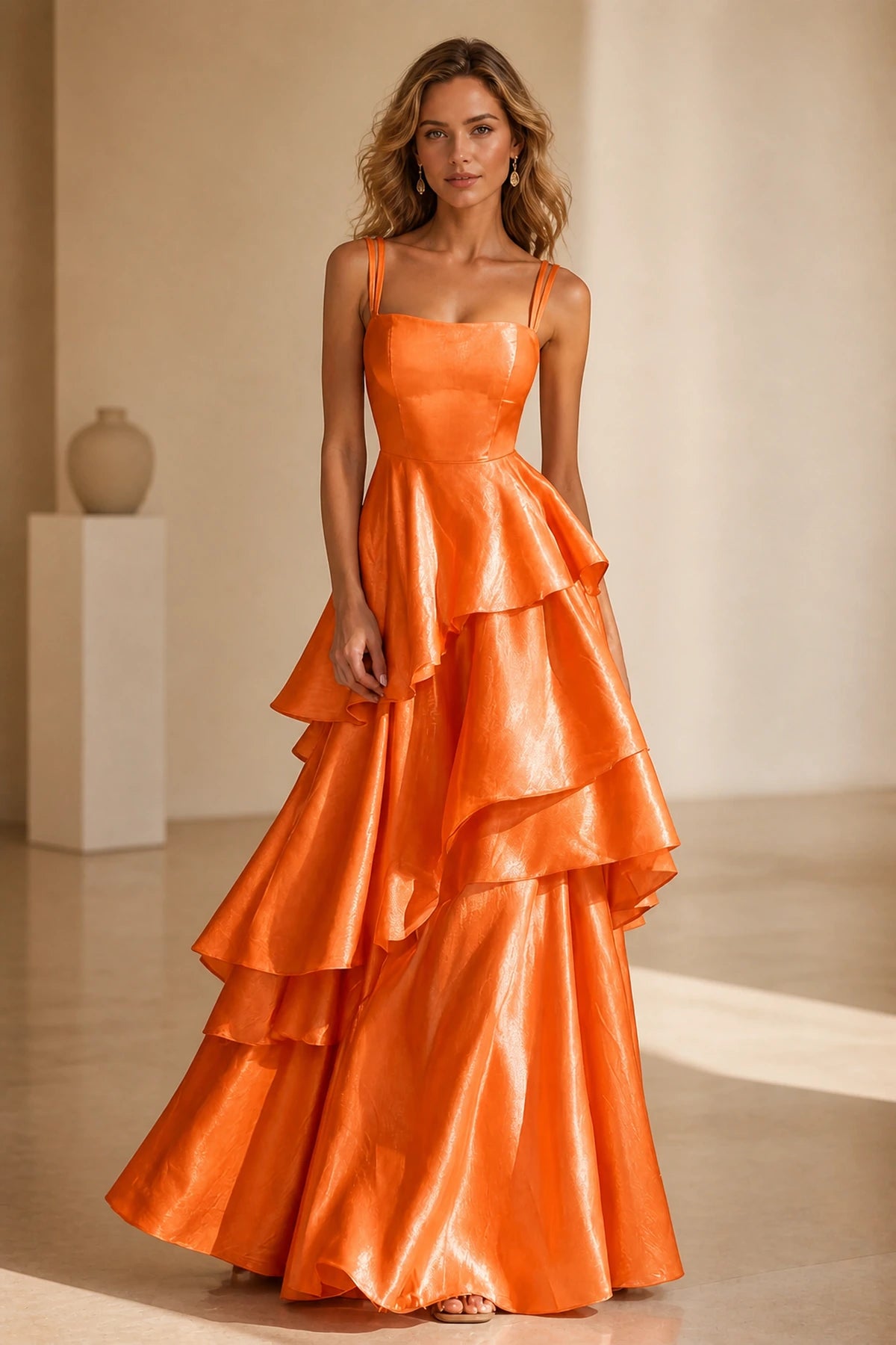 Radiant A-Line Square Neck Sleeveless Zip-Back Floor-Length Ruffle Prom Dress