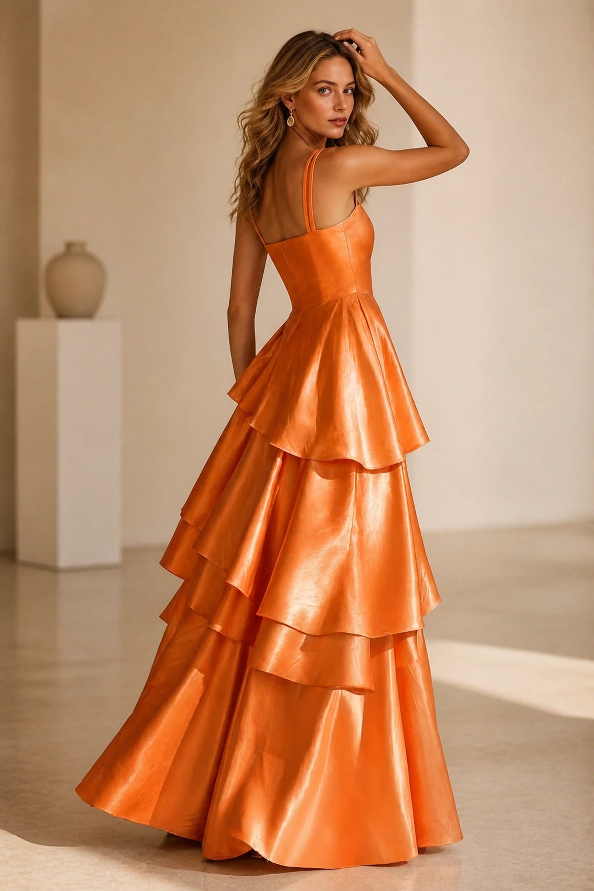 Radiant A-Line Square Neck Sleeveless Zip-Back Floor-Length Ruffle Prom Dress