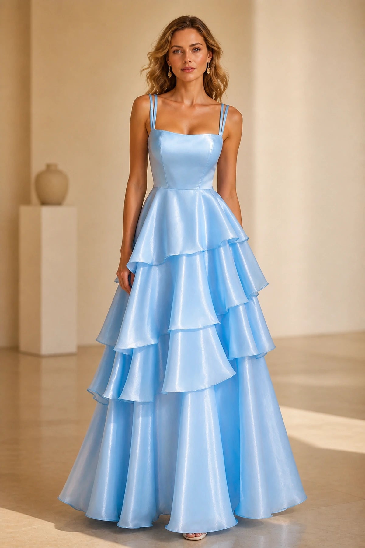 Radiant A-Line Square Neck Sleeveless Zip-Back Floor-Length Ruffle Prom Dress