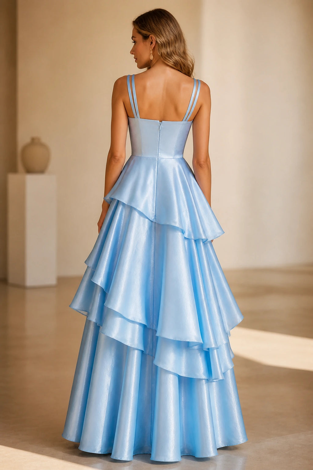 Radiant A-Line Square Neck Sleeveless Zip-Back Floor-Length Ruffle Prom Dress