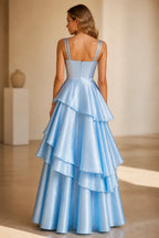 Radiant A-Line Square Neck Sleeveless Zip-Back Floor-Length Ruffle Prom Dress