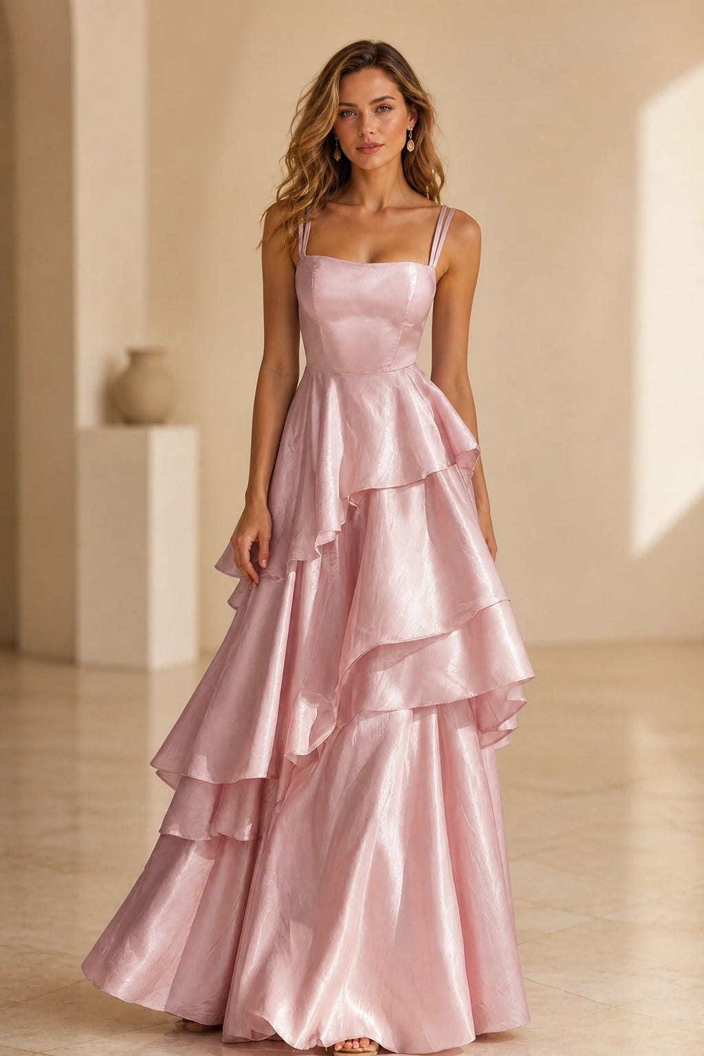 Radiant A-Line Square Neck Sleeveless Zip-Back Floor-Length Ruffle Prom Dress