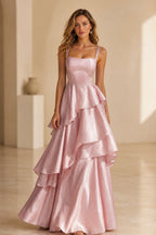 Radiant A-Line Square Neck Sleeveless Zip-Back Floor-Length Ruffle Prom Dress