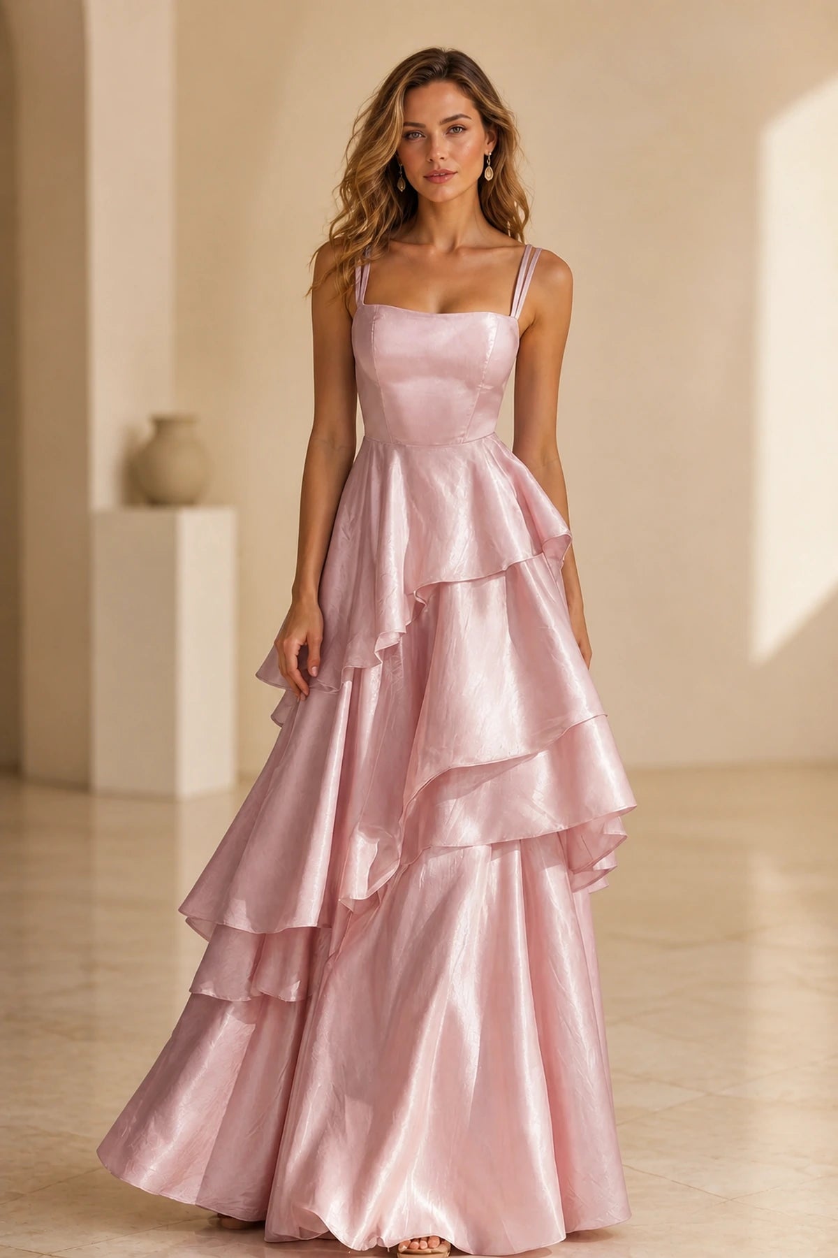 Radiant A-Line Square Neck Sleeveless Zip-Back Floor-Length Ruffle Prom Dress