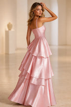 Radiant A-Line Square Neck Sleeveless Zip-Back Floor-Length Ruffle Prom Dress