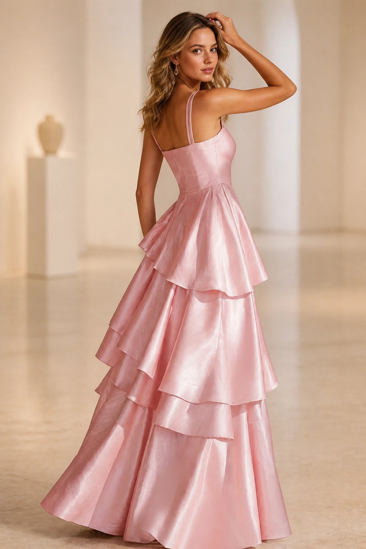 Radiant A-Line Square Neck Sleeveless Zip-Back Floor-Length Ruffle Prom Dress