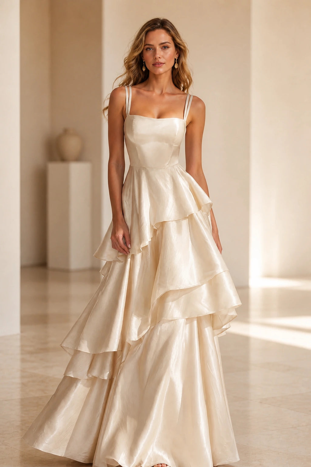 Radiant A-Line Square Neck Sleeveless Zip-Back Floor-Length Ruffle Prom Dress