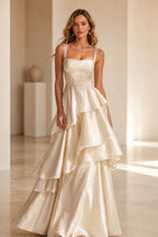 Radiant A-Line Square Neck Sleeveless Zip-Back Floor-Length Ruffle Prom Dress