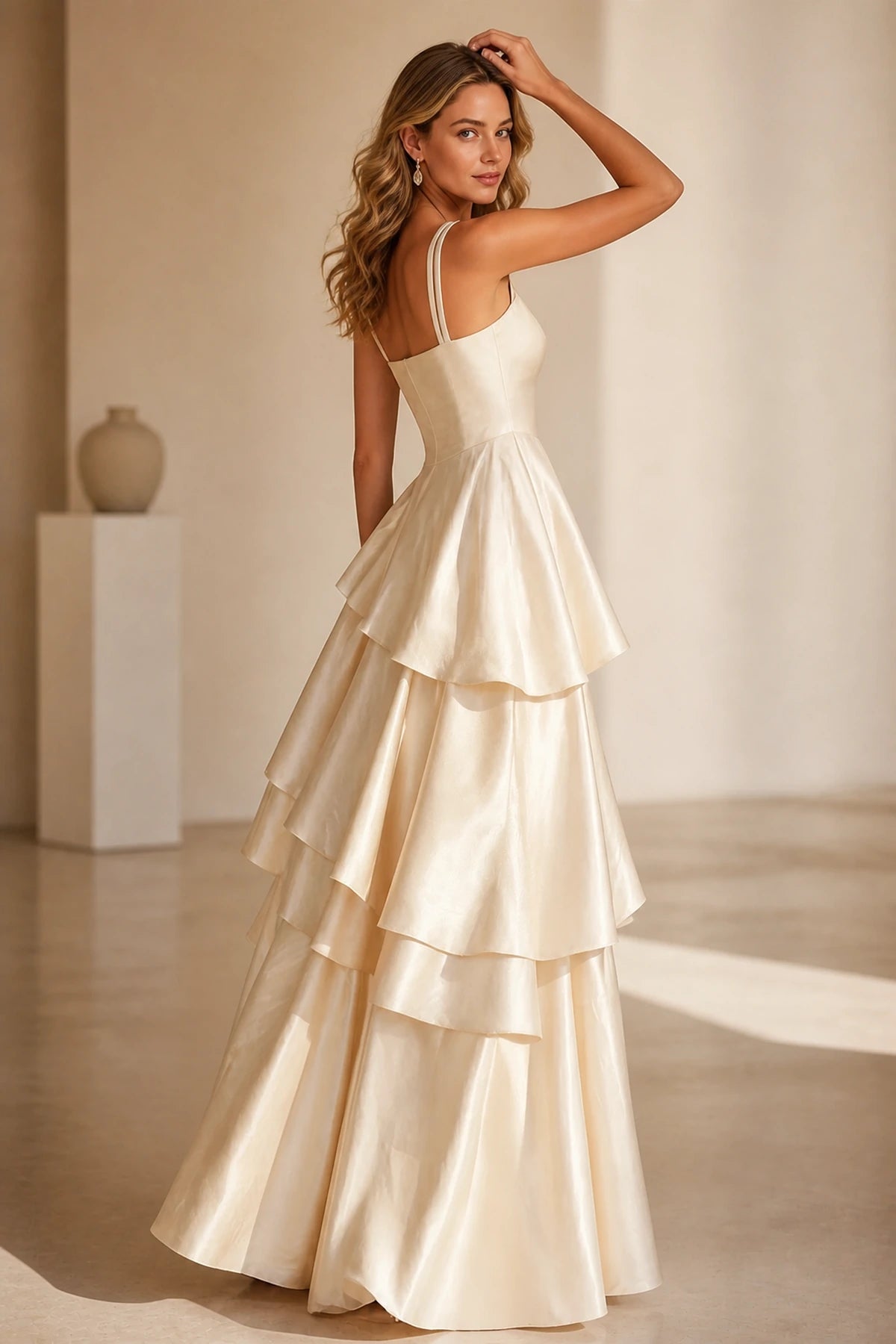 Radiant A-Line Square Neck Sleeveless Zip-Back Floor-Length Ruffle Prom Dress