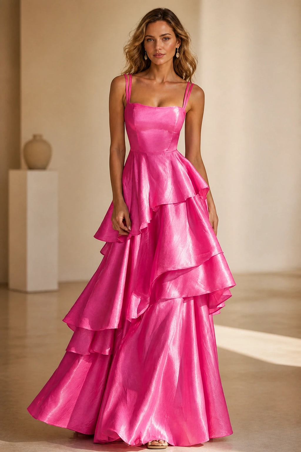 Radiant A-Line Square Neck Sleeveless Zip-Back Floor-Length Ruffle Prom Dress