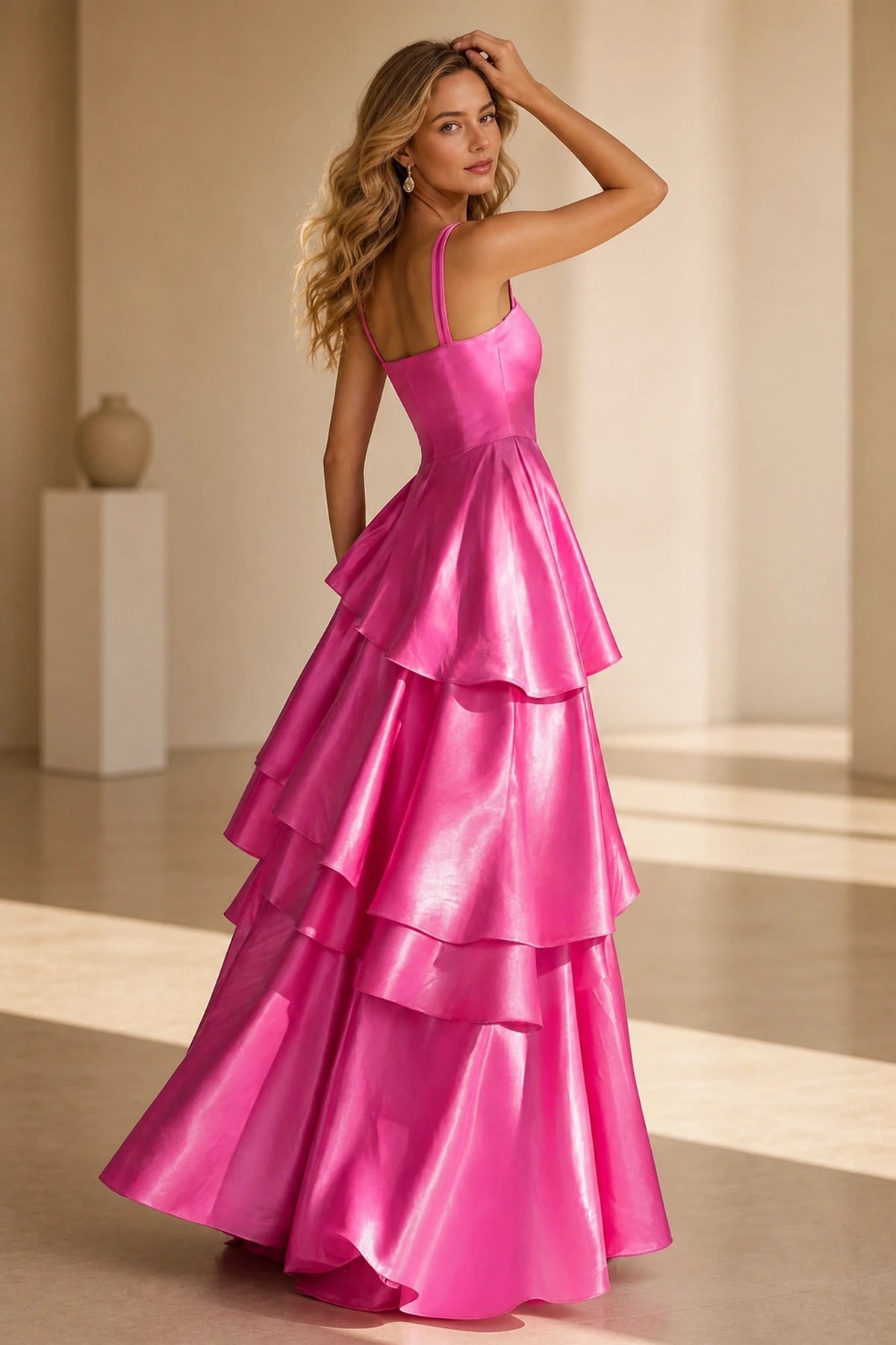 Radiant A-Line Square Neck Sleeveless Zip-Back Floor-Length Ruffle Prom Dress