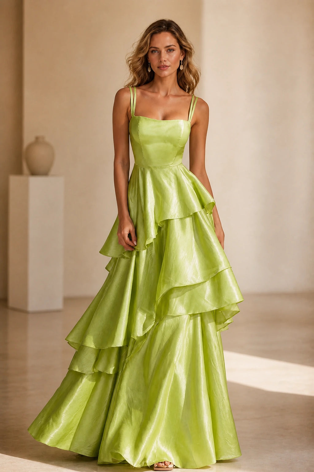 Radiant A-Line Square Neck Sleeveless Zip-Back Floor-Length Ruffle Prom Dress