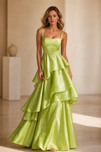 Radiant A-Line Square Neck Sleeveless Zip-Back Floor-Length Ruffle Prom Dress