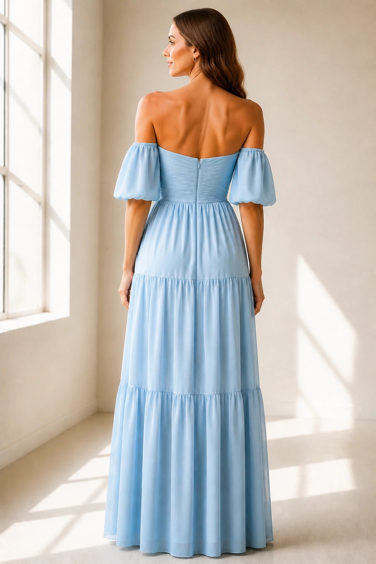Back view of light blue off-shoulder floor-length bridesmaid dress with zipper back by GraceProm