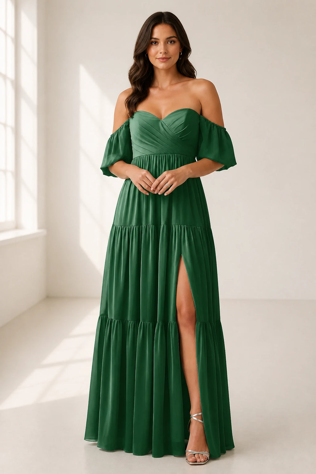 Dreamy A-Line Sweetheart Off-Shoulder Puff-Sleeve Zipper-Back Floor-Length Bridesmaid Dress