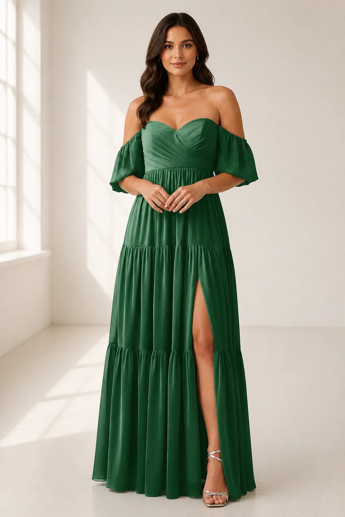 Dreamy A-Line Sweetheart Off-Shoulder Puff-Sleeve Zipper-Back Floor-Length Bridesmaid Dress