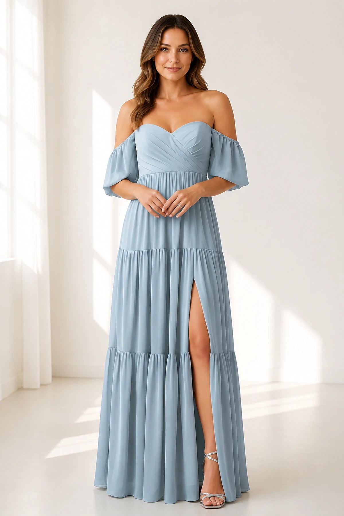 Light blue A-line bridesmaid dress with sweetheart neckline, off-shoulder sleeves and thigh slit by GraceProm