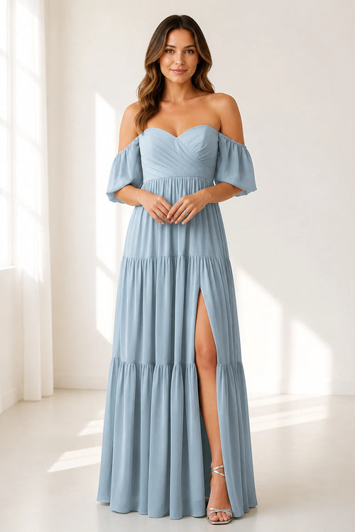 Light blue A-line bridesmaid dress with sweetheart neckline, off-shoulder sleeves and thigh slit by GraceProm