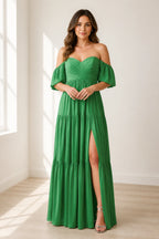 Dreamy A-Line Sweetheart Off-Shoulder Puff-Sleeve Zipper-Back Floor-Length Bridesmaid Dress