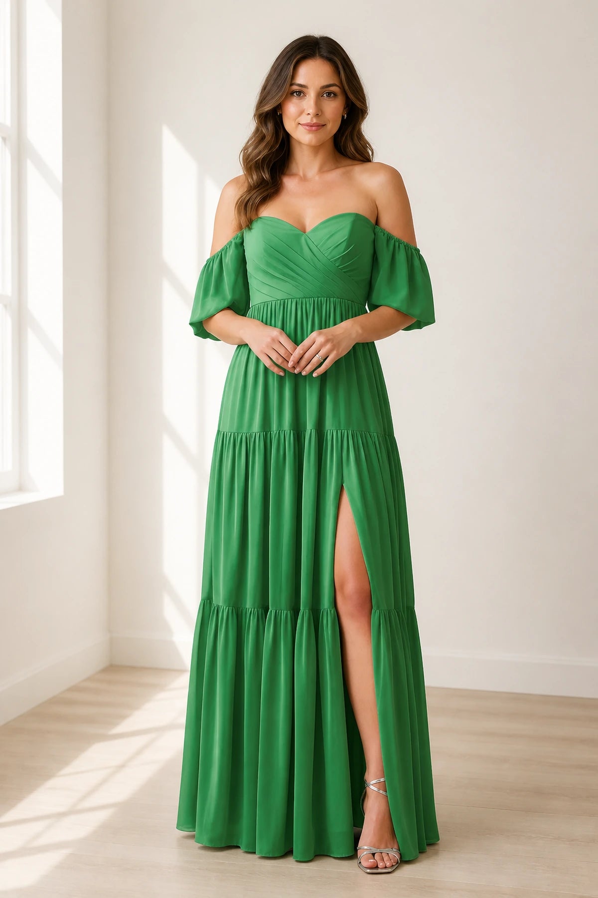 Dreamy A-Line Sweetheart Off-Shoulder Puff-Sleeve Zipper-Back Floor-Length Bridesmaid Dress