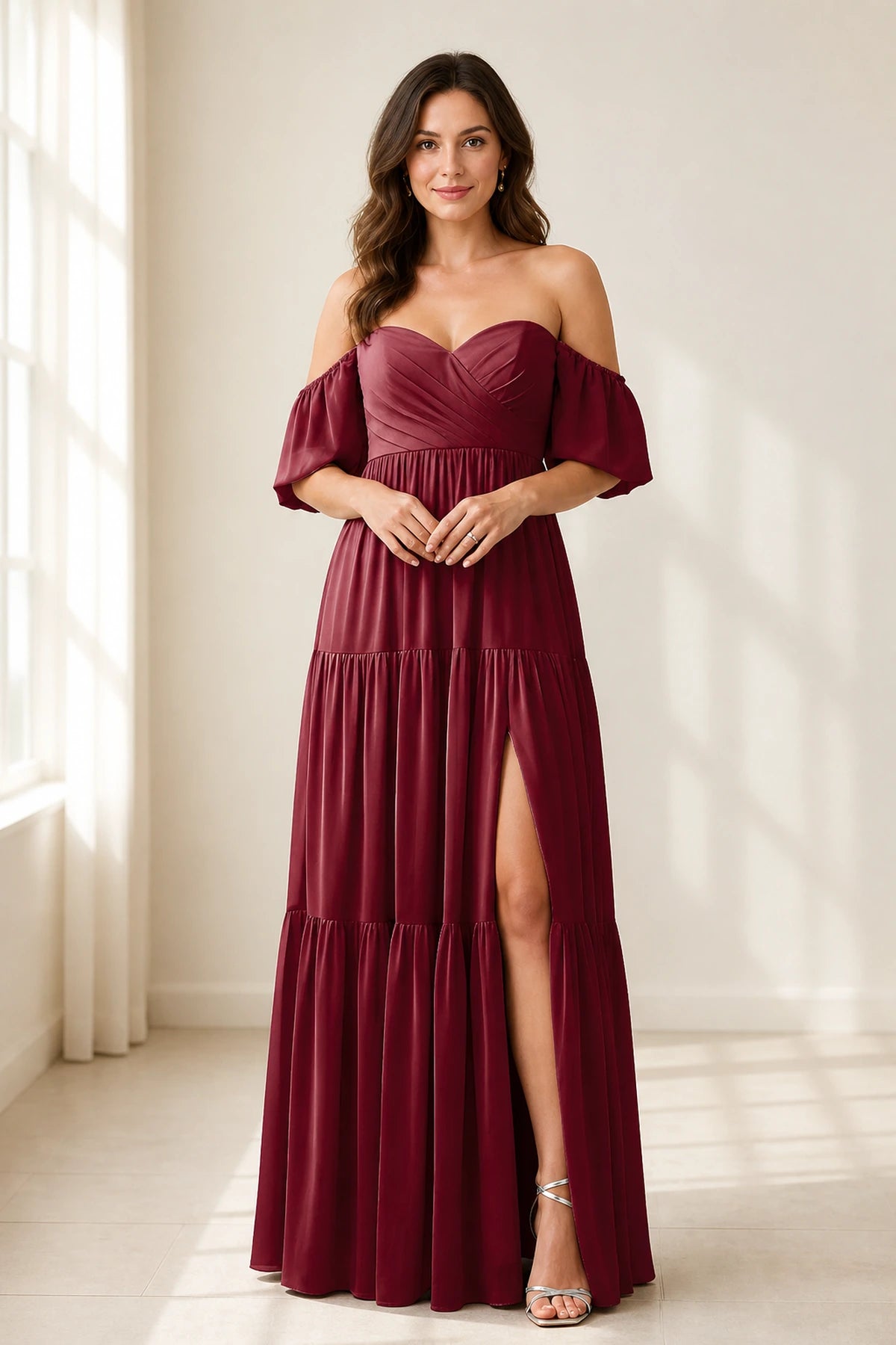 Dreamy A-Line Sweetheart Off-Shoulder Puff-Sleeve Zipper-Back Floor-Length Bridesmaid Dress
