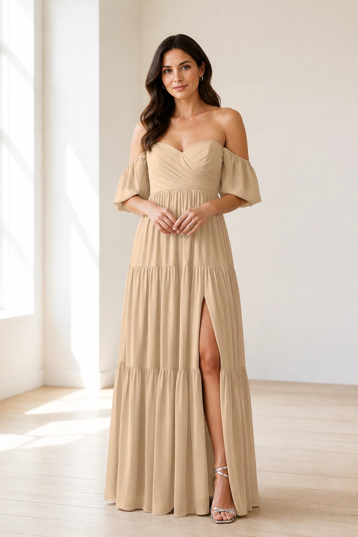 Dreamy A-Line Sweetheart Off-Shoulder Puff-Sleeve Zipper-Back Floor-Length Bridesmaid Dress