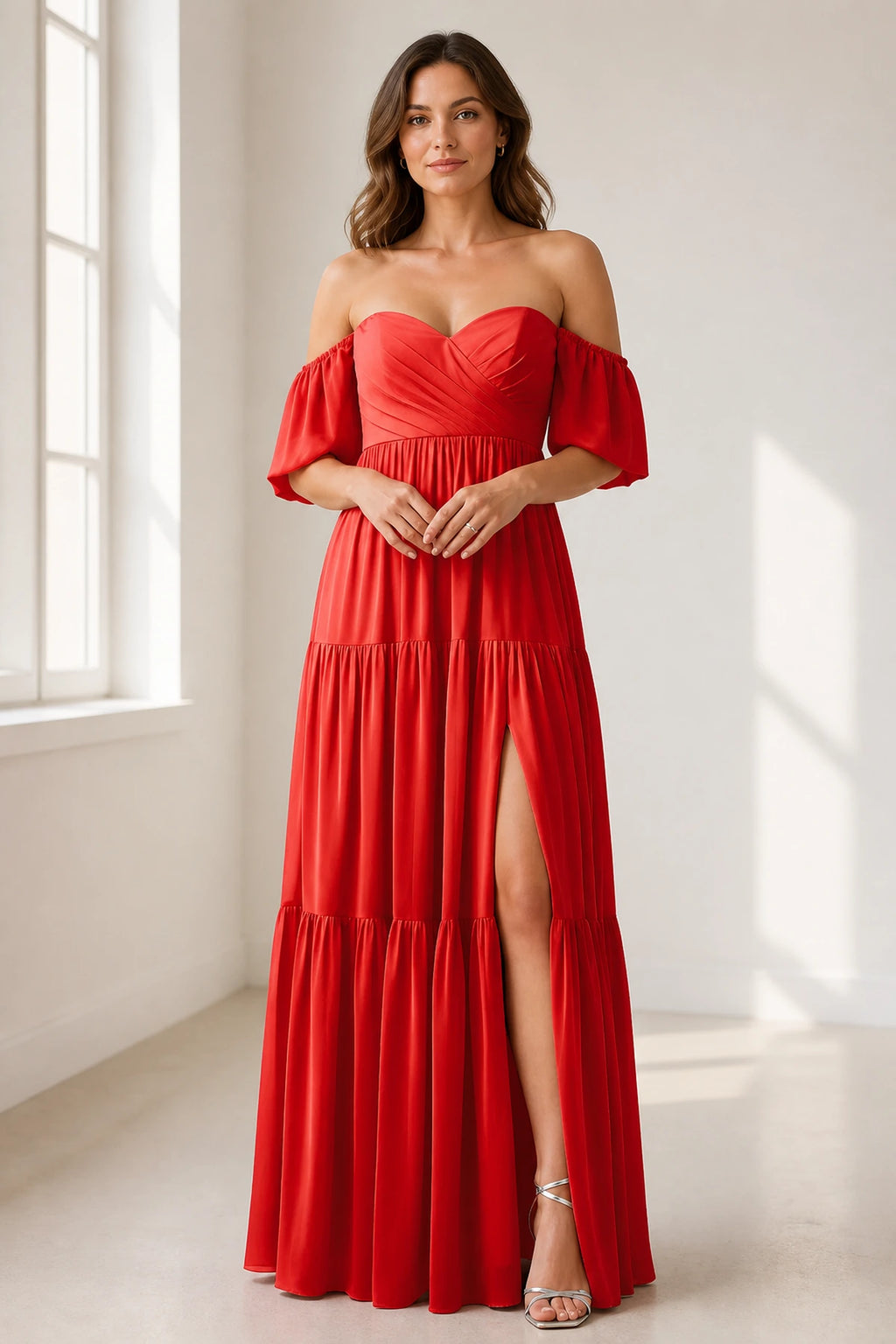 Dreamy A-Line Sweetheart Off-Shoulder Puff-Sleeve Zipper-Back Floor-Length Bridesmaid Dress