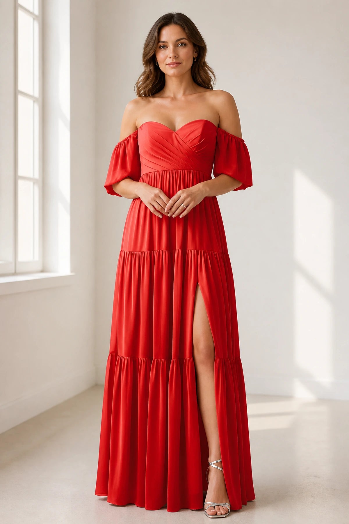 Dreamy A-Line Sweetheart Off-Shoulder Puff-Sleeve Zipper-Back Floor-Length Bridesmaid Dress