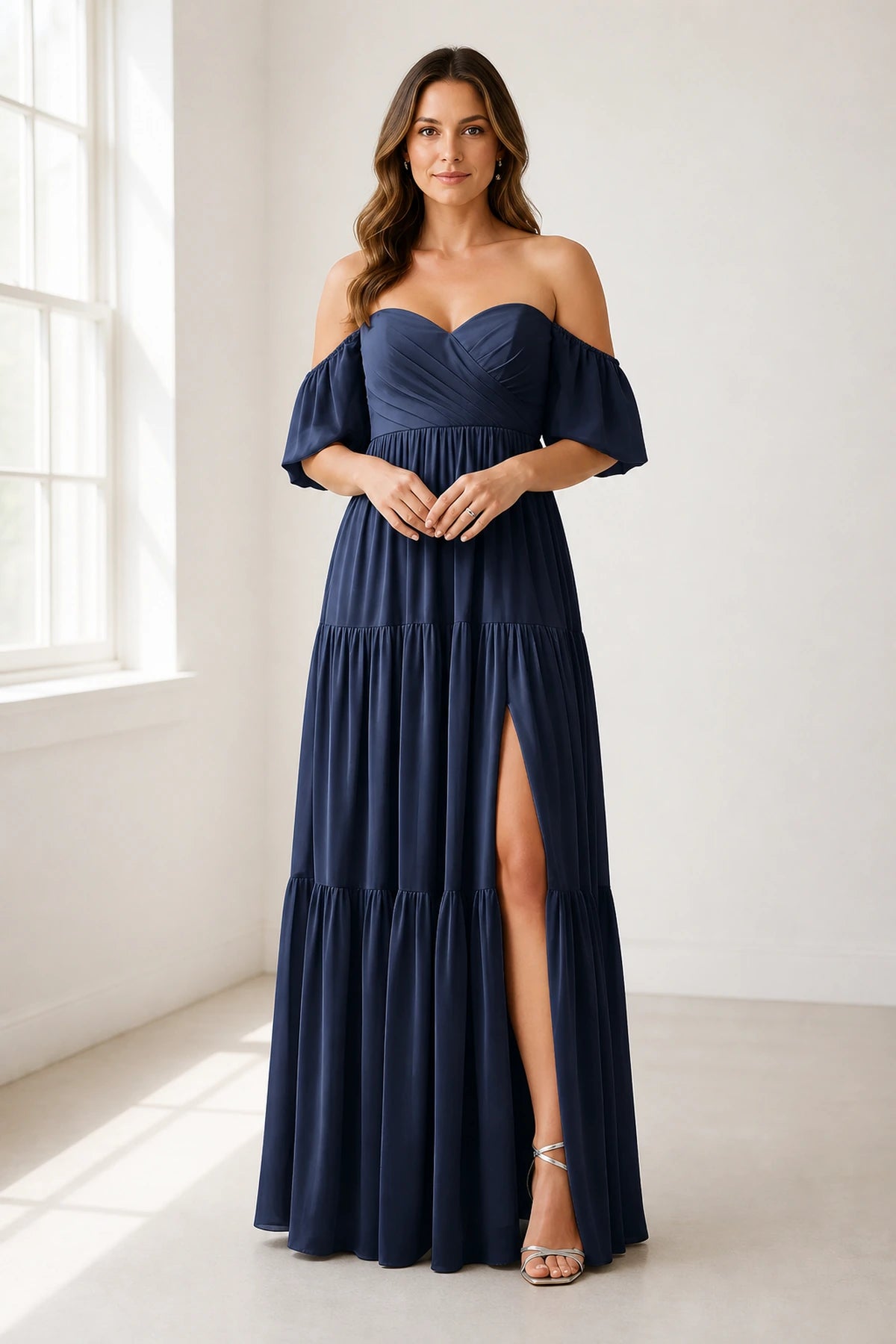 Dreamy A-Line Sweetheart Off-Shoulder Puff-Sleeve Zipper-Back Floor-Length Bridesmaid Dress