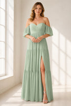 Dreamy A-Line Sweetheart Off-Shoulder Puff-Sleeve Zipper-Back Floor-Length Bridesmaid Dress