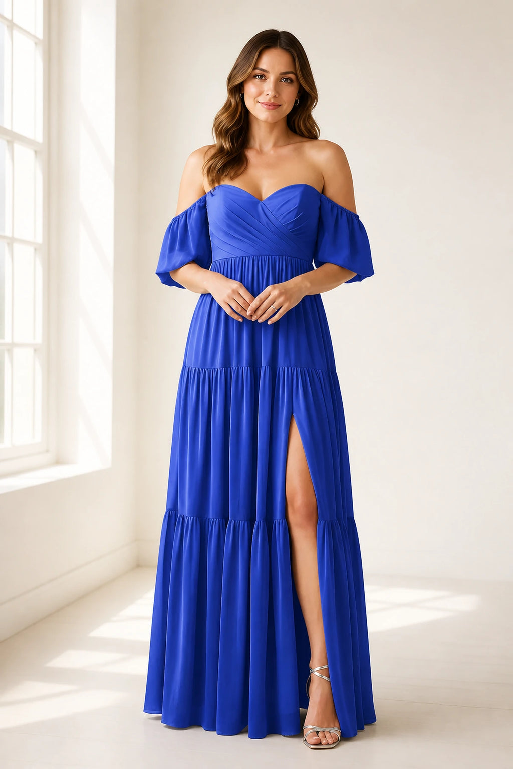 Dreamy A-Line Sweetheart Off-Shoulder Puff-Sleeve Zipper-Back Floor-Length Bridesmaid Dress