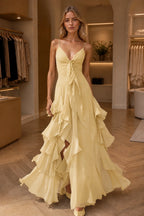 Dreamy A-Line V-Neck Spaghetti-Strap Sleeveless Zip-Back Floor-Length Ruffle Prom Dress