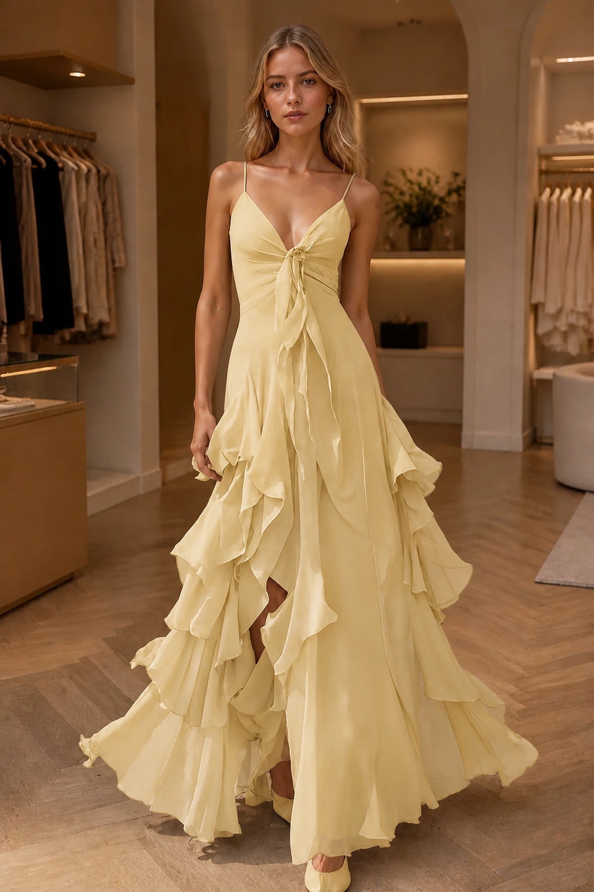 Dreamy A-Line V-Neck Spaghetti-Strap Sleeveless Zip-Back Floor-Length Ruffle Prom Dress