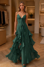 Dreamy A-Line V-Neck Spaghetti-Strap Sleeveless Zip-Back Floor-Length Ruffle Prom Dress