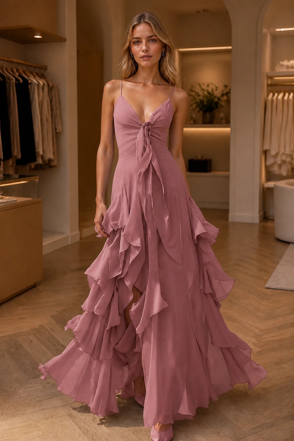 Dreamy A-Line V-Neck Spaghetti-Strap Sleeveless Zip-Back Floor-Length Ruffle Prom Dress