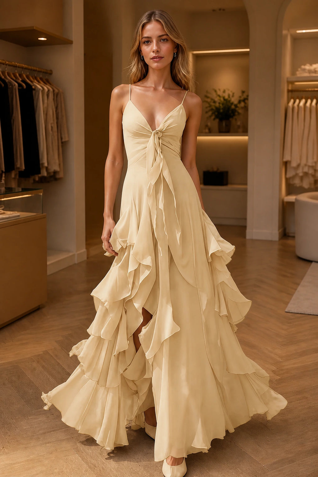 Dreamy A-Line V-Neck Spaghetti-Strap Sleeveless Zip-Back Floor-Length Ruffle Prom Dress