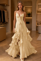 Dreamy A-Line V-Neck Spaghetti-Strap Sleeveless Zip-Back Floor-Length Ruffle Prom Dress