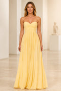 Light yellow A-line bridesmaid dress with sweetheart neckline and ruched strapless bodice by GraceProm