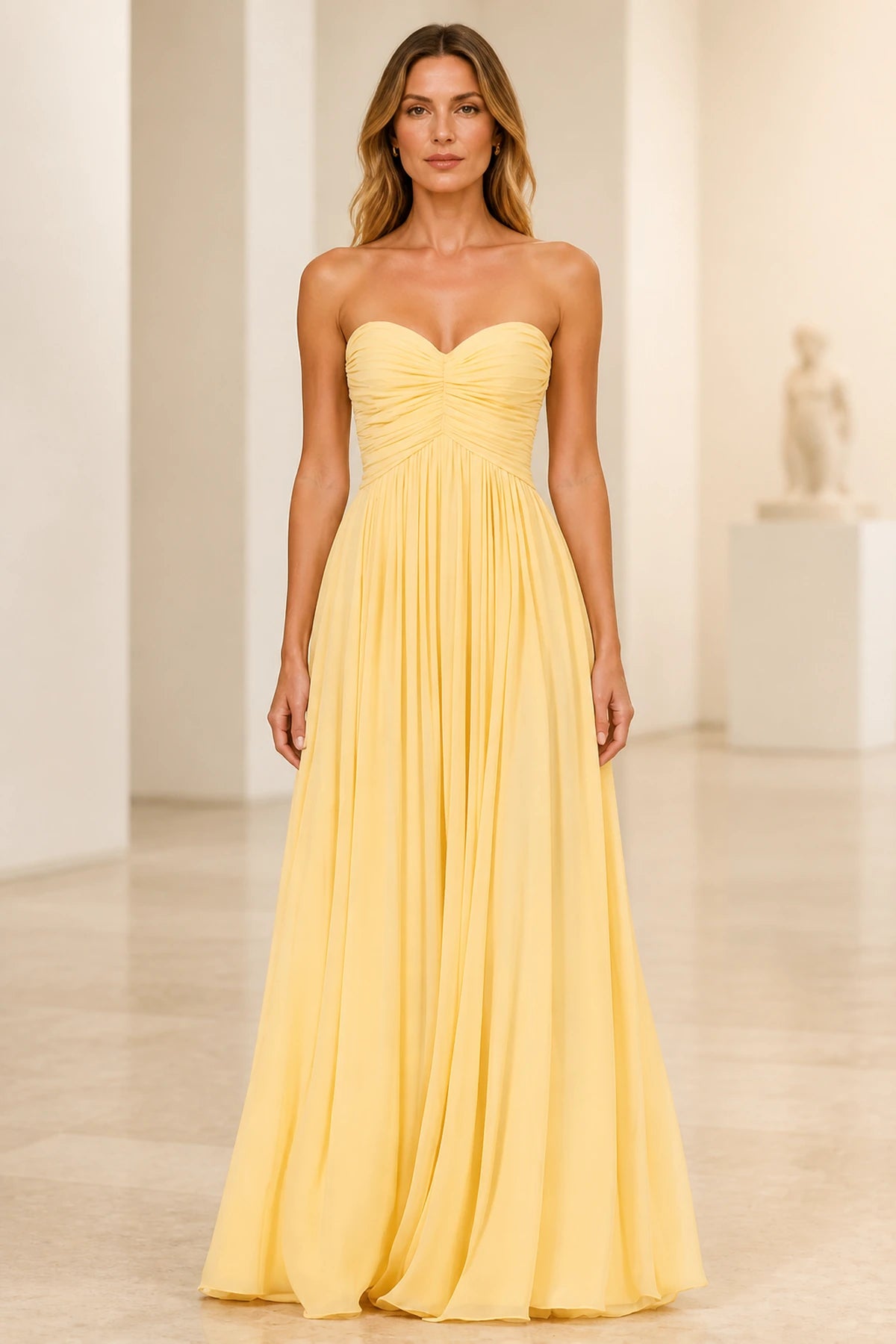 Light yellow A-line bridesmaid dress with sweetheart neckline and ruched strapless bodice by GraceProm